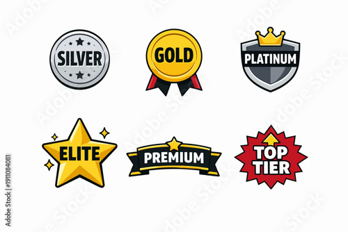 Ranking and quality badges illustrating silver, gold, platinum, elite, premium, top tier