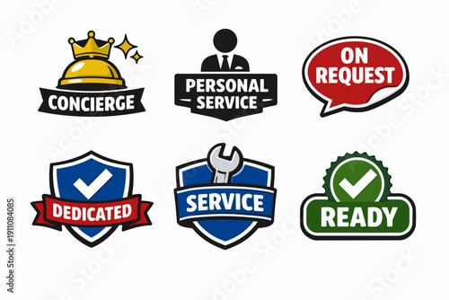 Concierge personal service badges set, dedicated support, on request ready to serve
