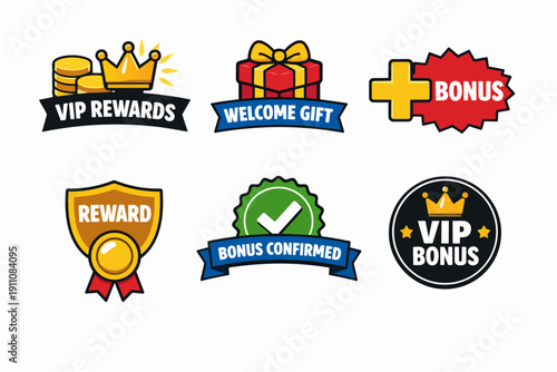 Vip rewards and bonus badges collection for games, welcome gifts, and promotional offers