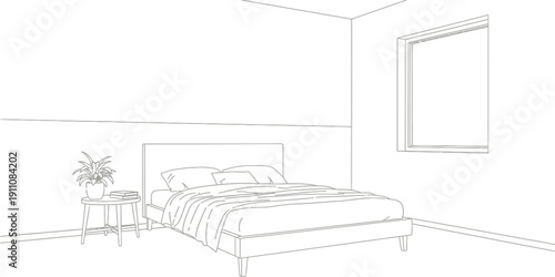 Minimalist bedroom interior line art sketch highlighting a neutral colored bed with soft bedding positioned next to a small side table featuring a potted plant and reading materials.