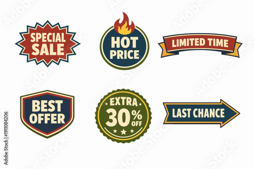 Marketing labels collection promoting sales, best offers, discounts, and last chances