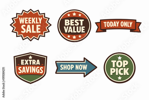 Vintage style marketing badges offering weekly sale, best value, savings, and top pick