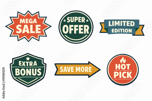 Retail sales promotion labels set offering mega deals and limited edition products