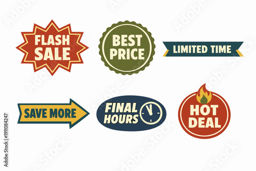 Collection of sale and discount badges with flash sale, best price, hot deal