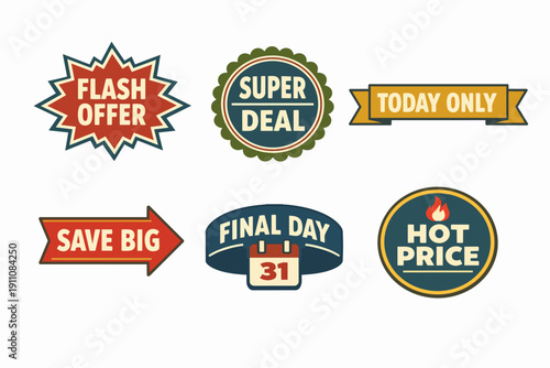 Retail promotion badges set showing discount, limited offer and sale stickers