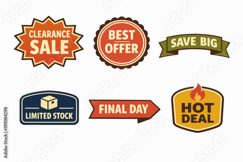 Retail promotion badges and marketing stickers offering discounts and hot deals