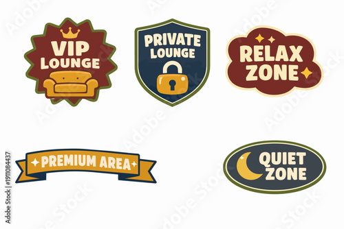 Vip lounge, private area, relax zone access badges and premium labels set