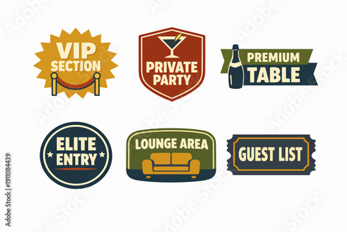 Vip access badges, private party pass, premium tables, elite entry labels