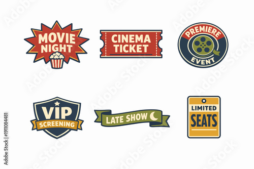 Cinema movie event badges, film premiere, vip screening, late show vector labels