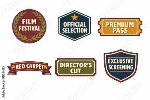 Film industry labels and badges for movie festivals, awards, and exclusive screenings
