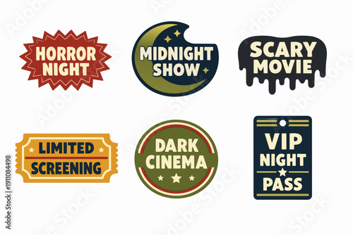 Movie event badges and tickets for horror nights, midnight shows, and special screenings