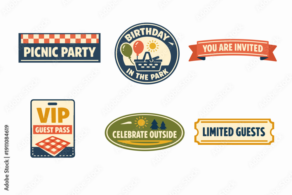Obraz premium Outdoor party invitation badges and labels for summer birthday celebrations