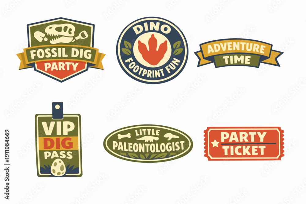 Obraz premium Dinosaur party labels and badges inviting to a fossil hunt adventure