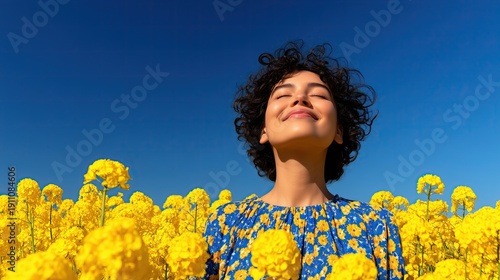Joyful Woman Smiling in Vibrant Yellow Flower Field Under Blue Sky