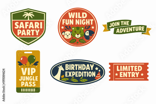 Set of adventure party labels and passes including safari, jungle, and wild fun themes