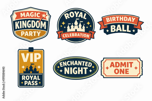 Fantasy kingdom event passes and celebration badges for party admission