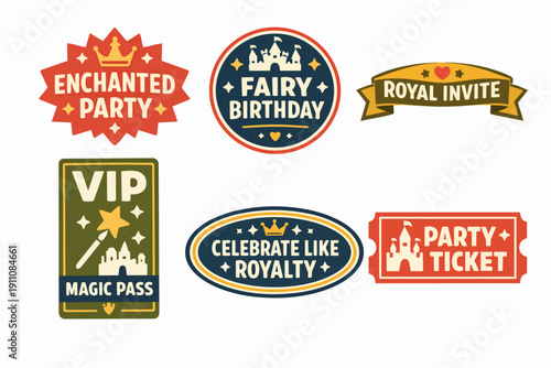 Fairytale party invitation badges and tickets set with castles and magic wands