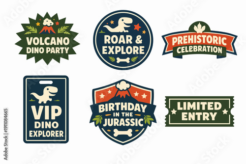 Dinosaur party labels and badges, creating prehistoric celebration invitations and stickers