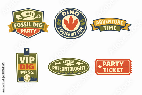 Dinosaur party labels and badges inviting to a fossil hunt adventure