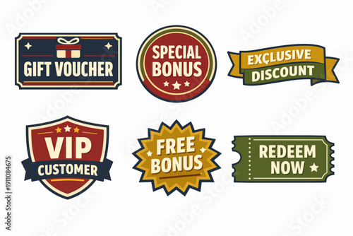 Collection of labels and badges for promotions, discounts, and customer rewards