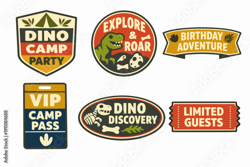 Dinosaur camp party badges and labels for children's birthday adventure concept