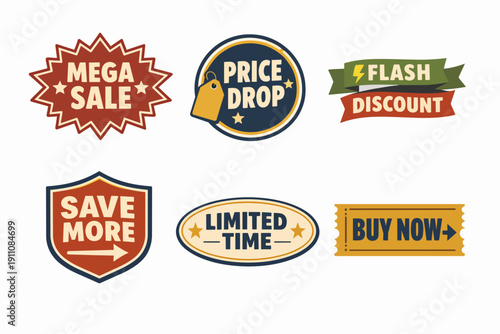 Marketing promotion badges creating buzz for special offers, price drops, and retail sales