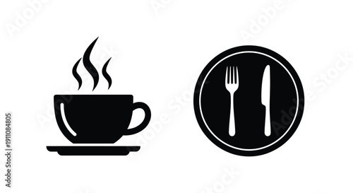 Coffee cup and dining plate icons in distinct black silhouette