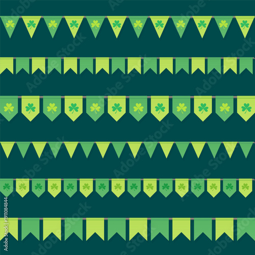 Green Vector St. Patrick's Day Pennants Garlands Set with SHamrocks Isolated on Dark Green Background