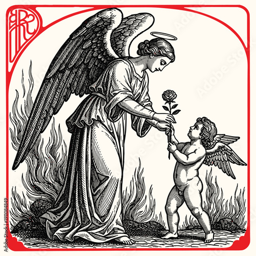Angelic being with cherubs and flames. engraving illustration