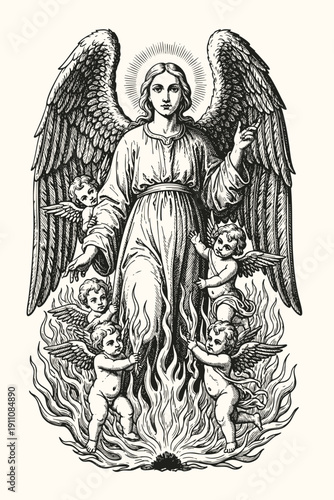 Angelic being with cherubs and flames. engraving illustration