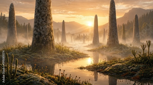Prototaxites rising in misty prehistoric wetland landscape
