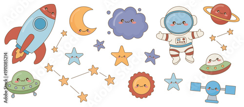 Kawaii Space Adventure and Astronomy Vector Illustration Set |