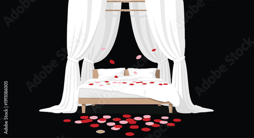 A elegant canopy bed featuring flowing white curtains and an abundance of pink and red rose petals scattered across the bed and floor on a dark background.