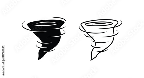 Two stylized tornado illustrations black and white depicting natural disaster silhouette