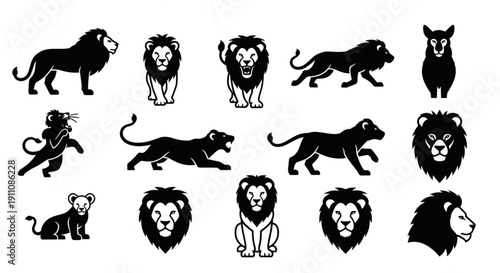 Collection of various black and white lion silhouettes and icons, including full bodies, heads, cubs, and roaring poses, perfect for logos or graphic design.