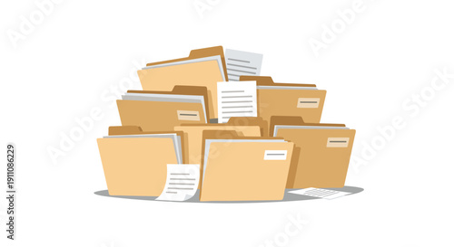 A large, disorganized pile of manila folders and loose paper documents lies scattered on a white background, indicating a busy workflow.