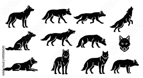 Collection of Black Wolf and Dog Silhouettes in Various Poses as Icons or Vector Graphics