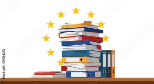 A towering stack of colorful binders and various books sits on a wooden desk, encircled by a ring of golden European Union stars.