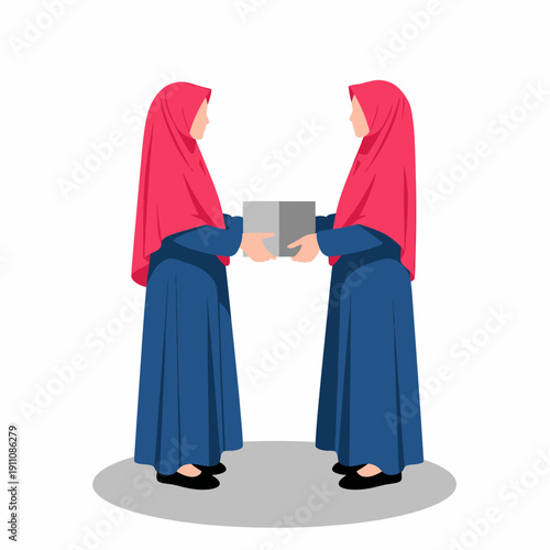 Muslim women exchanging gift Islamic friendship.
