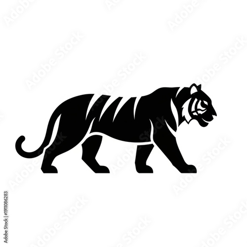 Black silhouette graphic of a walking tiger side view, simple icon for logo or design element.