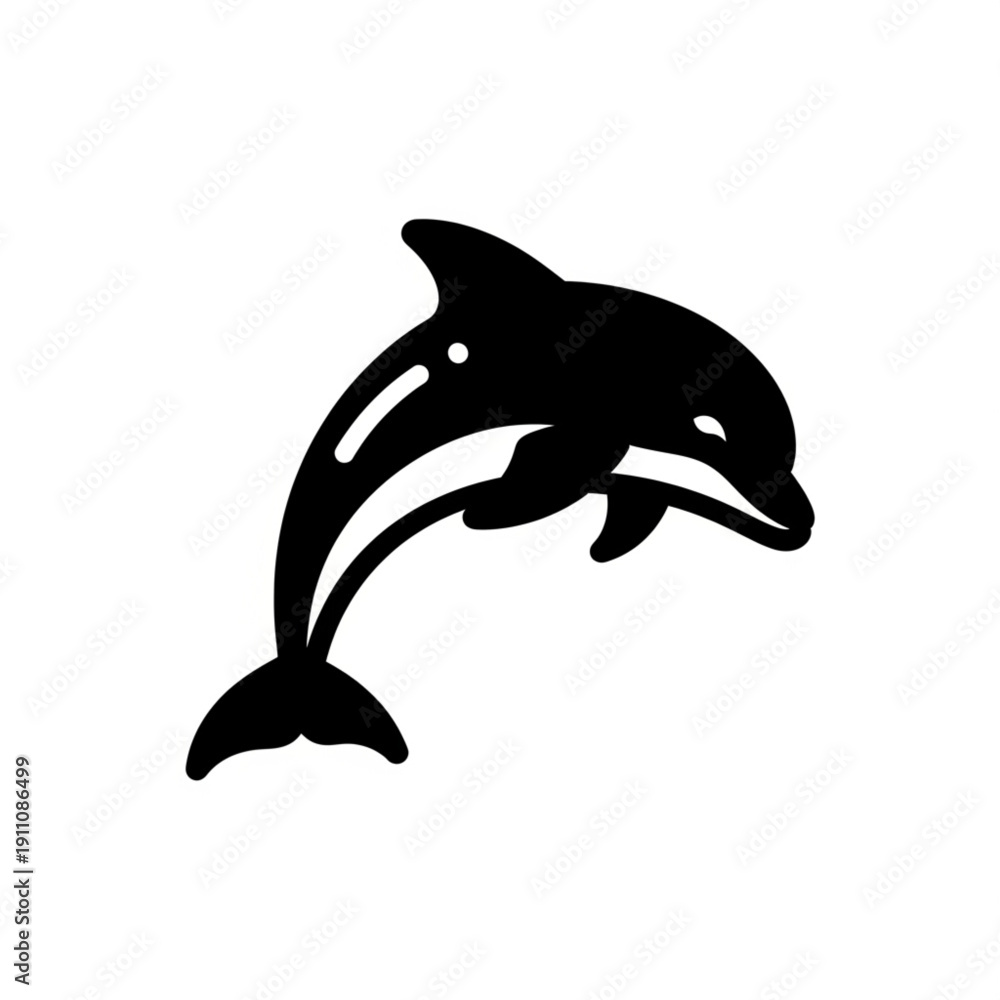 Obraz premium Black and white stylized icon or silhouette of a dolphin jumping out of the water, isolated on white background.