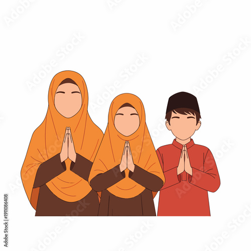 Muslim family praying together mother daughter son.