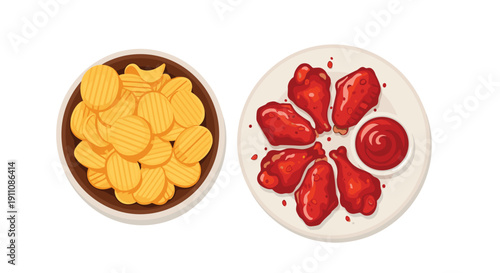 A ceramic bowl filled with ripple-cut potato chips rests beside a plate of red spicy chicken wings with a side of dipping sauce.