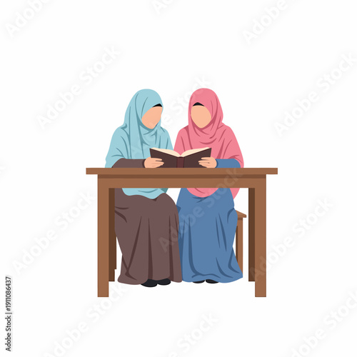Muslim women reading together hijab friendship table.