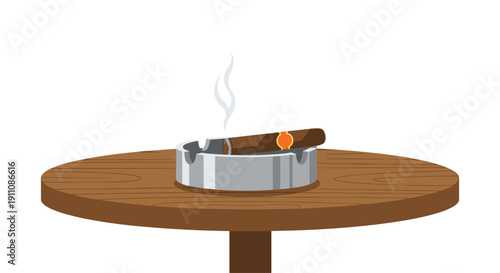 A smoking cigar rests in a silver ashtray on a round wooden table, emitting a gentle stream of smoke.