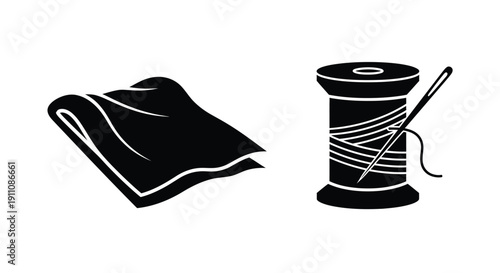 Fabric thread spool and needle in black and white silhouette