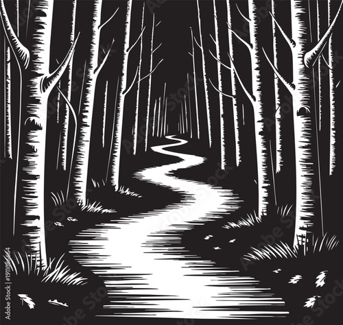 Serene forest path with bare trees and fallen leaves on a winding trail at dusk