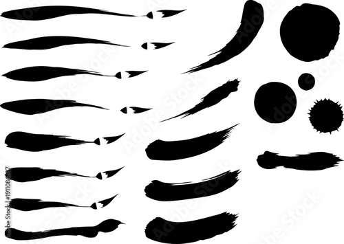Collection of black ink brush strokes and circular shapes for artistic graphic design elements