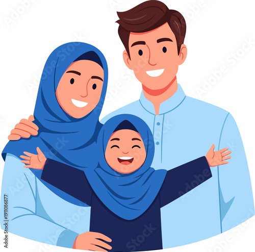happy muslim family with child embracing parents.