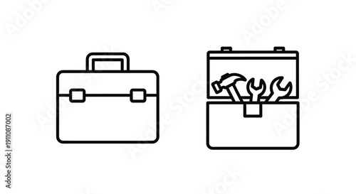 Briefcase and battery icon set in simple black outline silhouette
